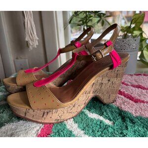 Sbicca Wedge Sandals Womens 8.5 Pink Bonnie Strappy Beach Resort Patent Leather